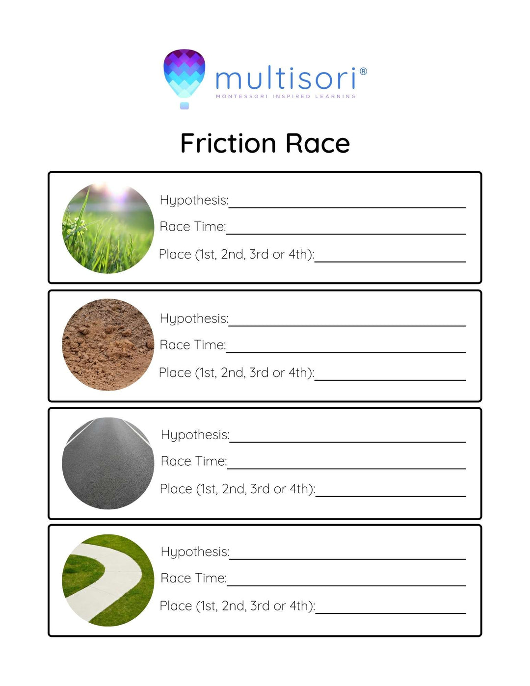 friction race game Montessori worksheet.
