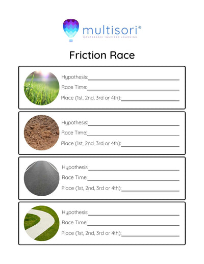 friction race game Montessori worksheet.