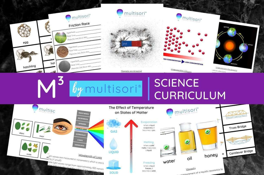 Montessori Science Curriculum worksheets, such as states of matter, learning about friction, and space