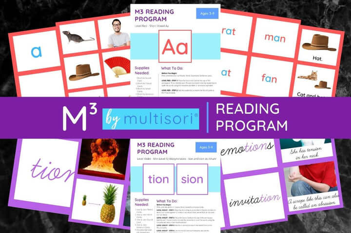 Montessori Reading Program showcasing both print and cursive writing and reading cards