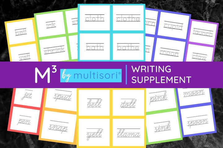 Montessori writing supplement curriculum overview with print and cursive worksheets