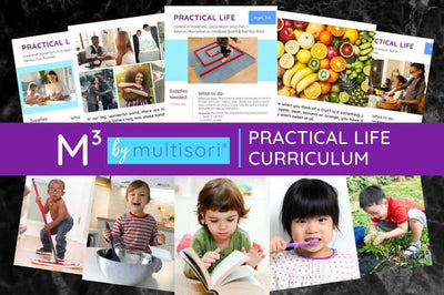 Practical Life homeschooling curriculum, including images of children working on motor skills by completing daily routines like teeth brushing and gardening