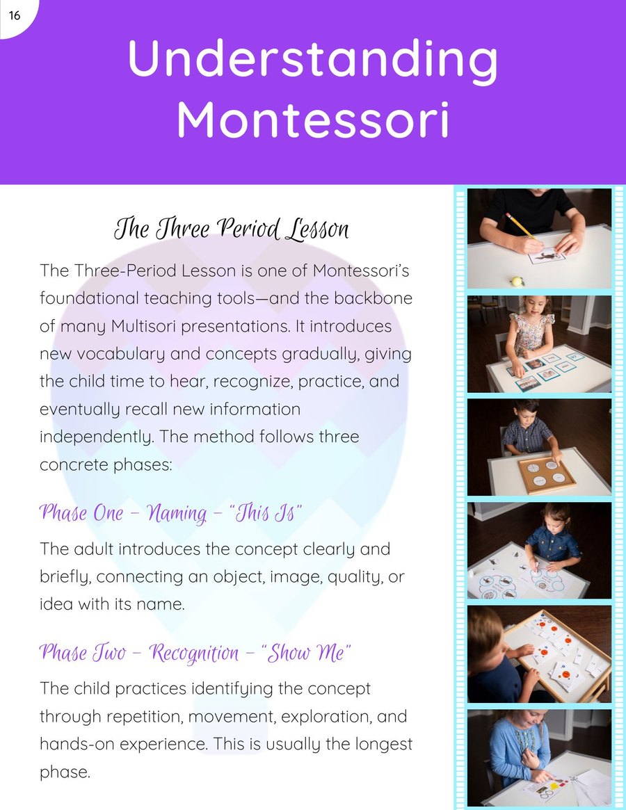 Sample page: the Three Period Lesson, from the Understanding Montessori chapter